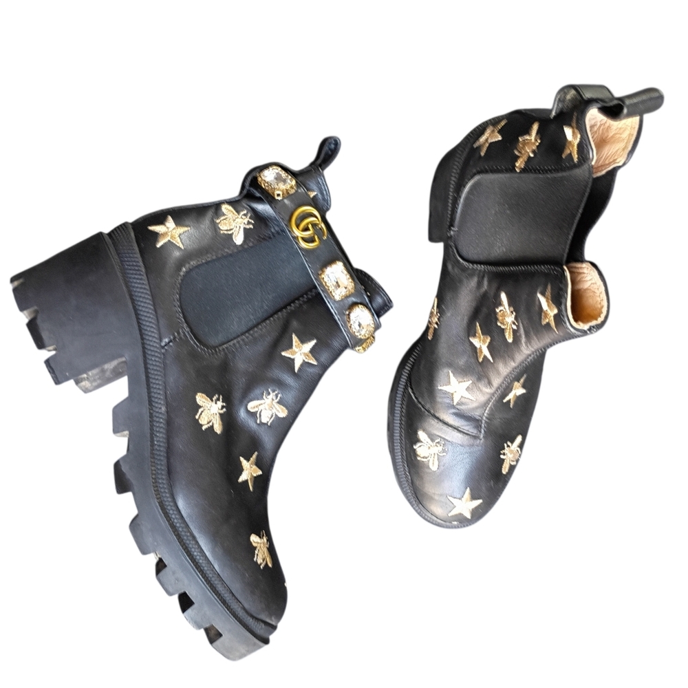 Gucci Stars and Bee Embroidered Leather Ankle Boots -Black Size 7.5 - 8 US - Picture 5 of 12